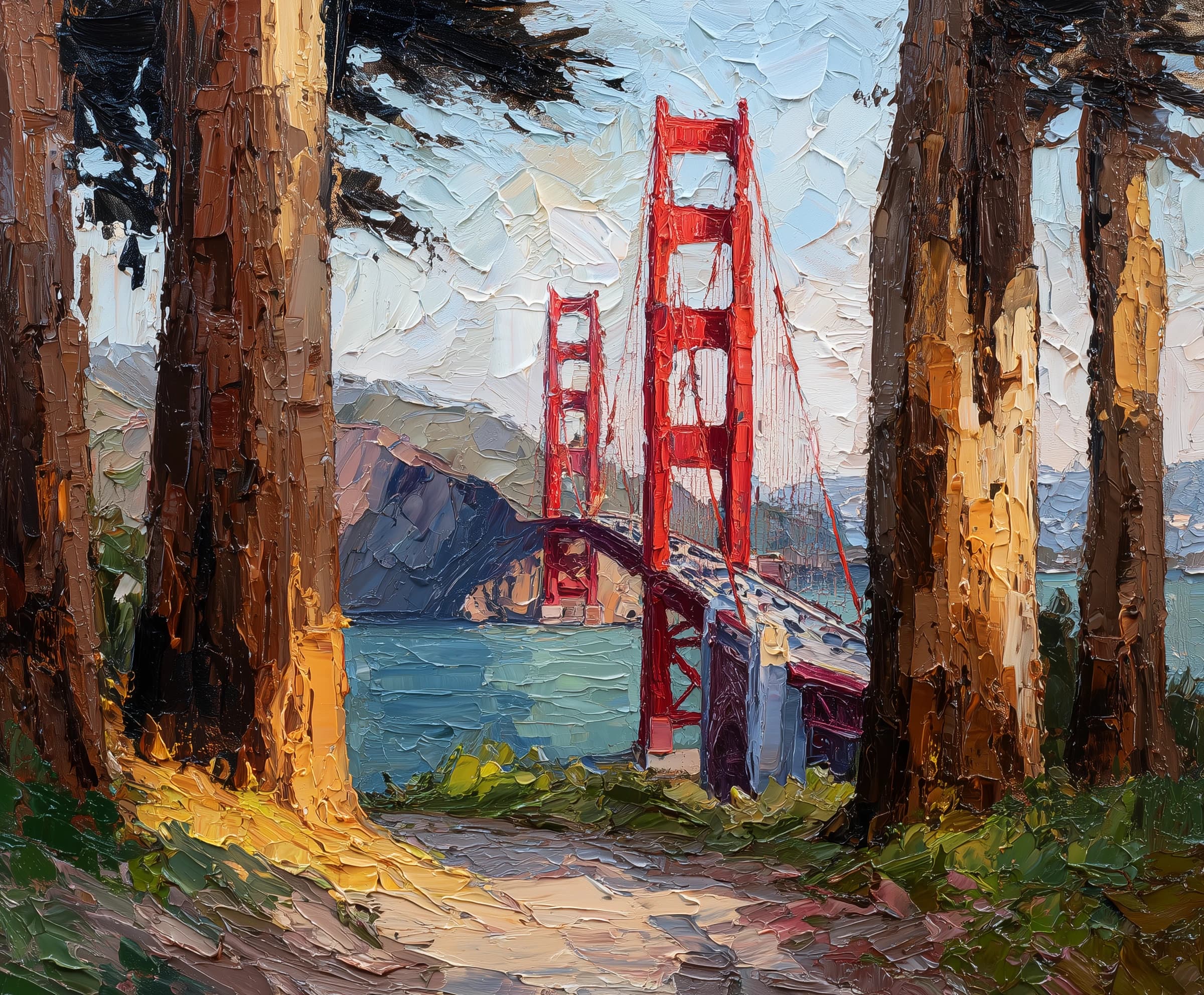 Impasto oil painting of the Golden Gate Bridge framed by redwoods